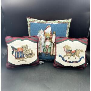 Set of 3 Christmas Tapestry Pillows Old Santa Bear Drum Horse‎